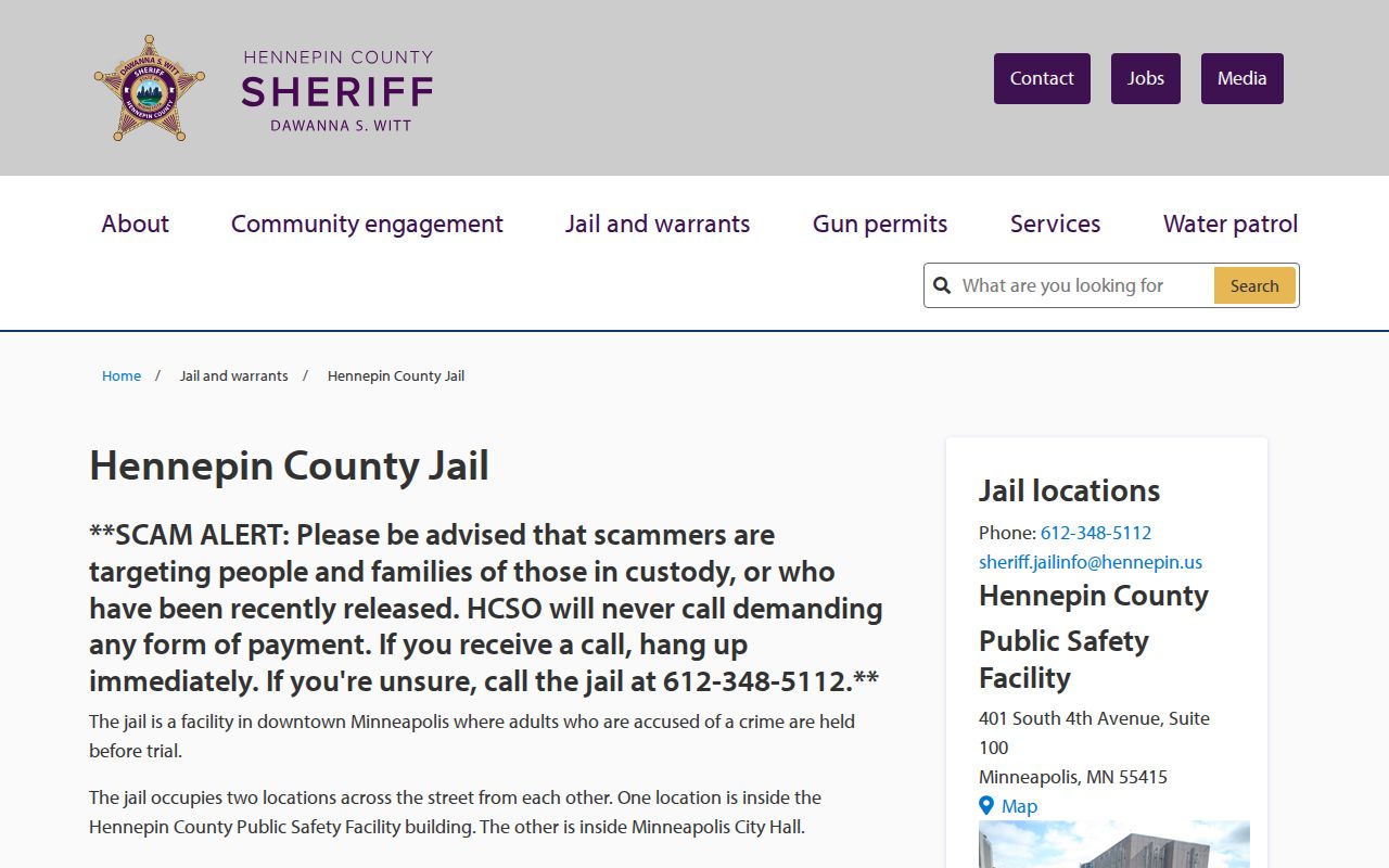 Hennepin County jail and bail window page used for bench warrant resolution