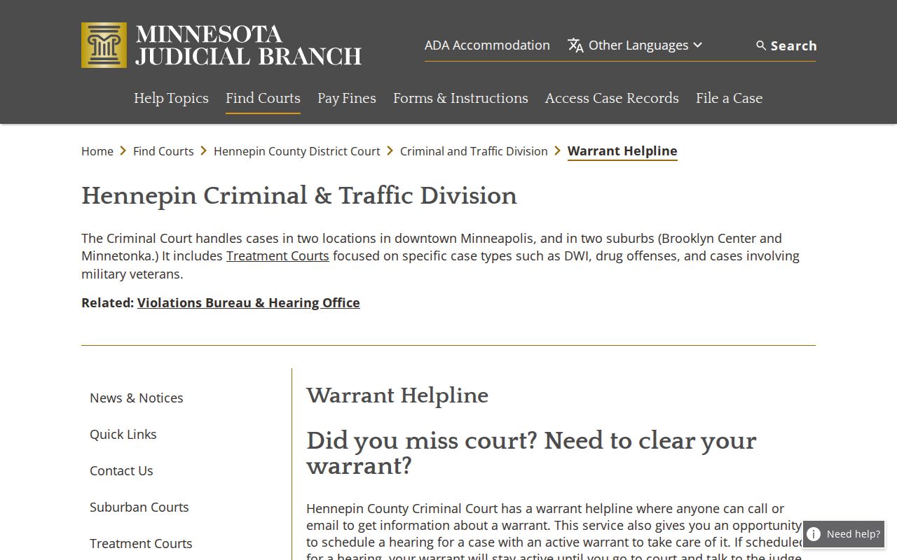 Hennepin County warrant helpline page used for bench warrant lookup