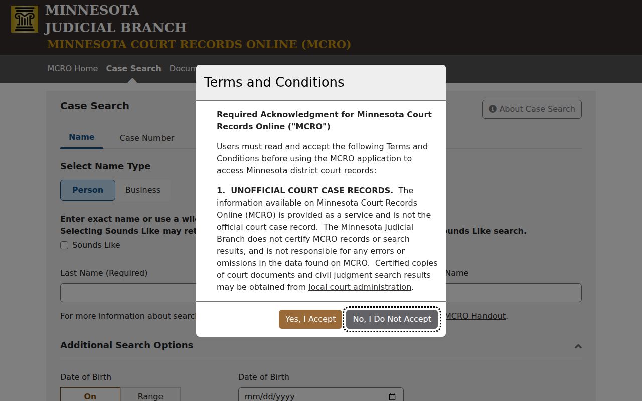 Blank MCRO case search interface used for a Hennepin County warrant check