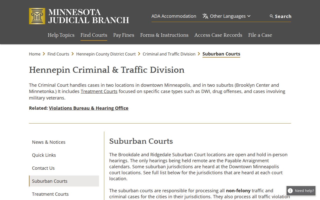 Hennepin County Brookdale and Ridgedale court service areas for warrant cases