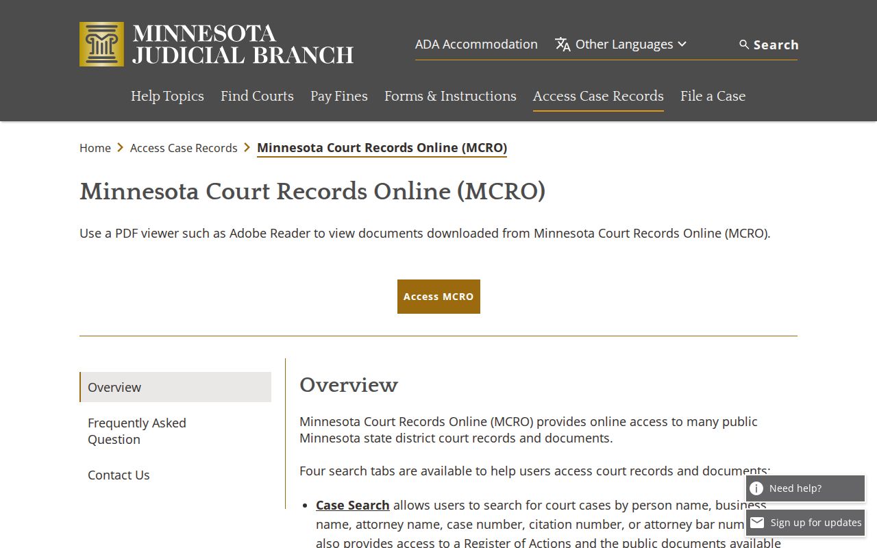 MCRO scope and limits page relevant to a Hennepin County warrant search