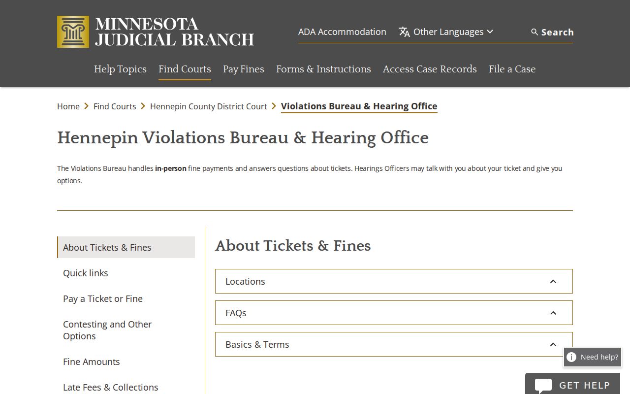 Hennepin County Violations Bureau page on fine payment and traffic warrant consequences
