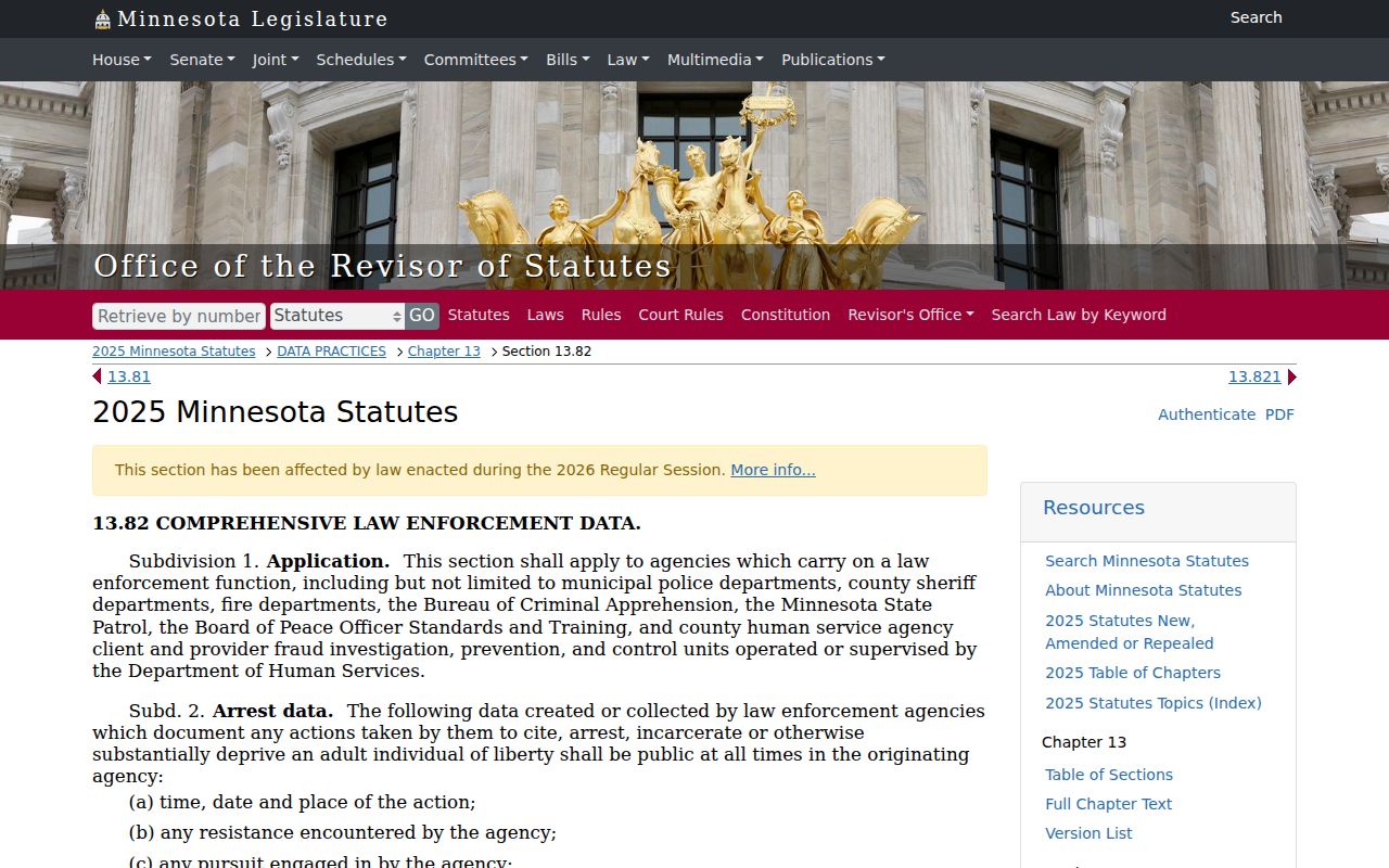Minnesota law enforcement data statute used for Hennepin County arrest warrant records access