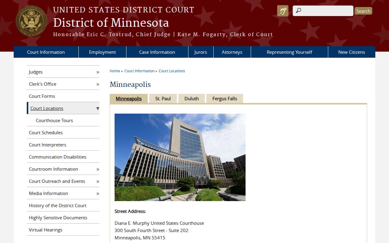 Federal courthouse page used for Hennepin County warrant records questions about federal warrants