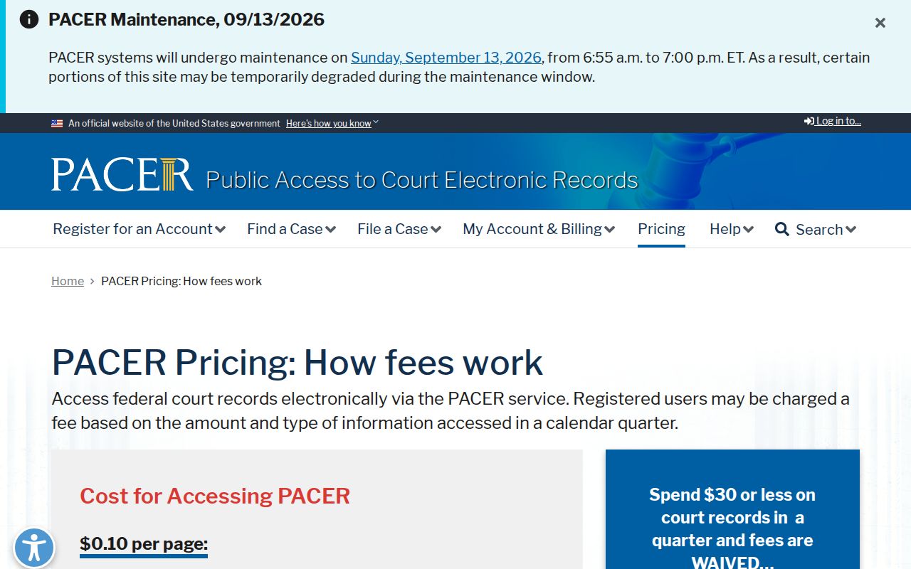 Federal court fee page for verifying Hennepin County warrant records outside the county system