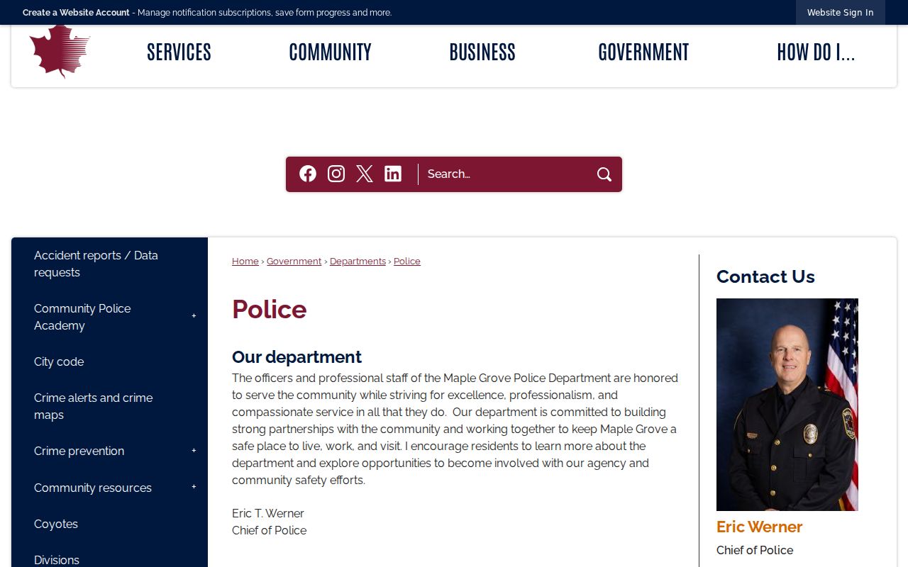 Maple Grove police page with contact and public data request links for Maple Grove warrant records