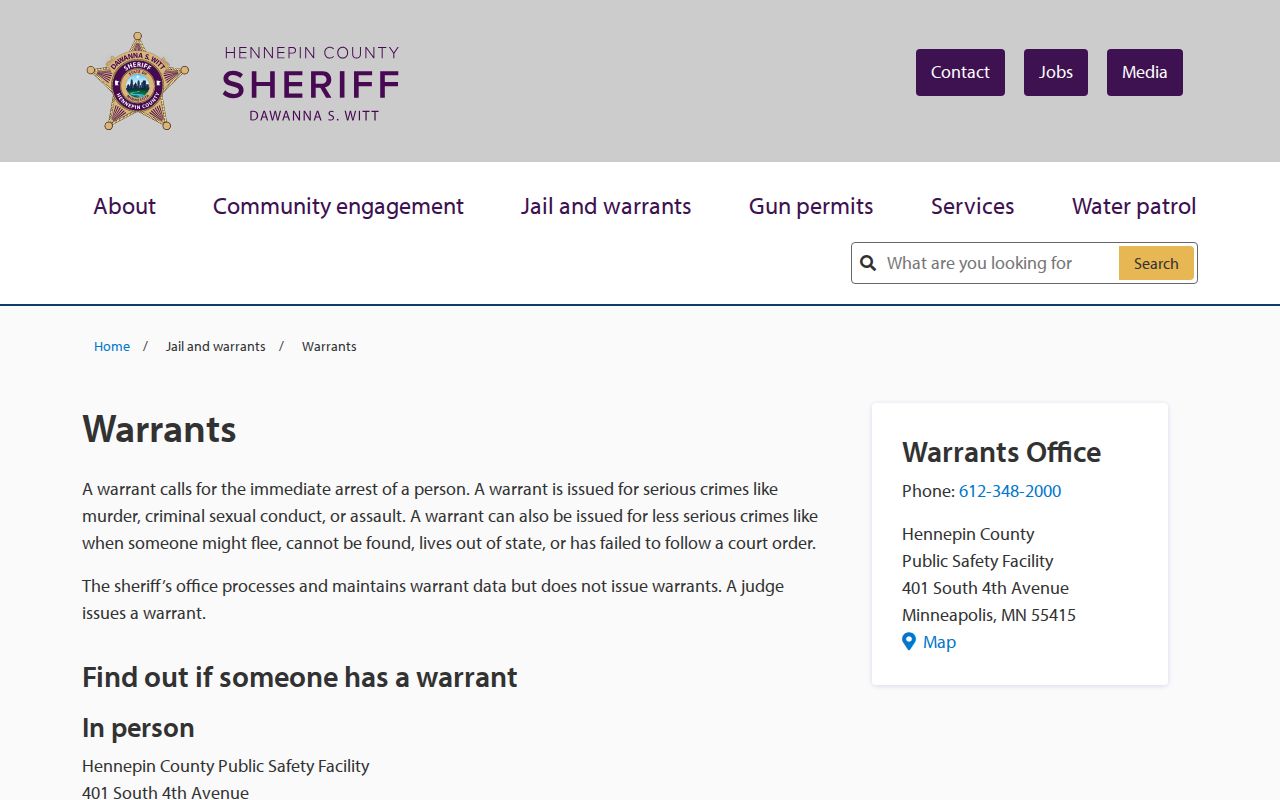 Hennepin County Sheriff warrant page showing in-person routes for Hennepin County warrant records