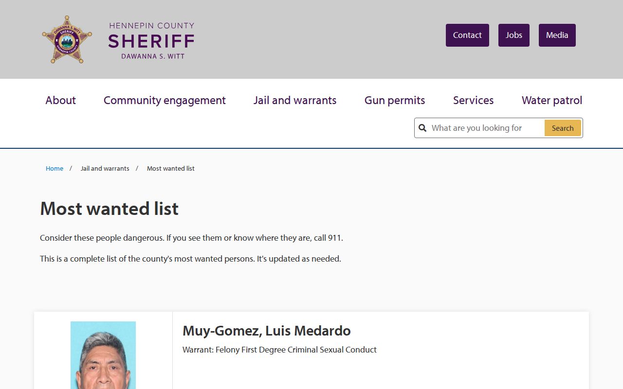 Hennepin County Sheriff Most Wanted program page and tip banner