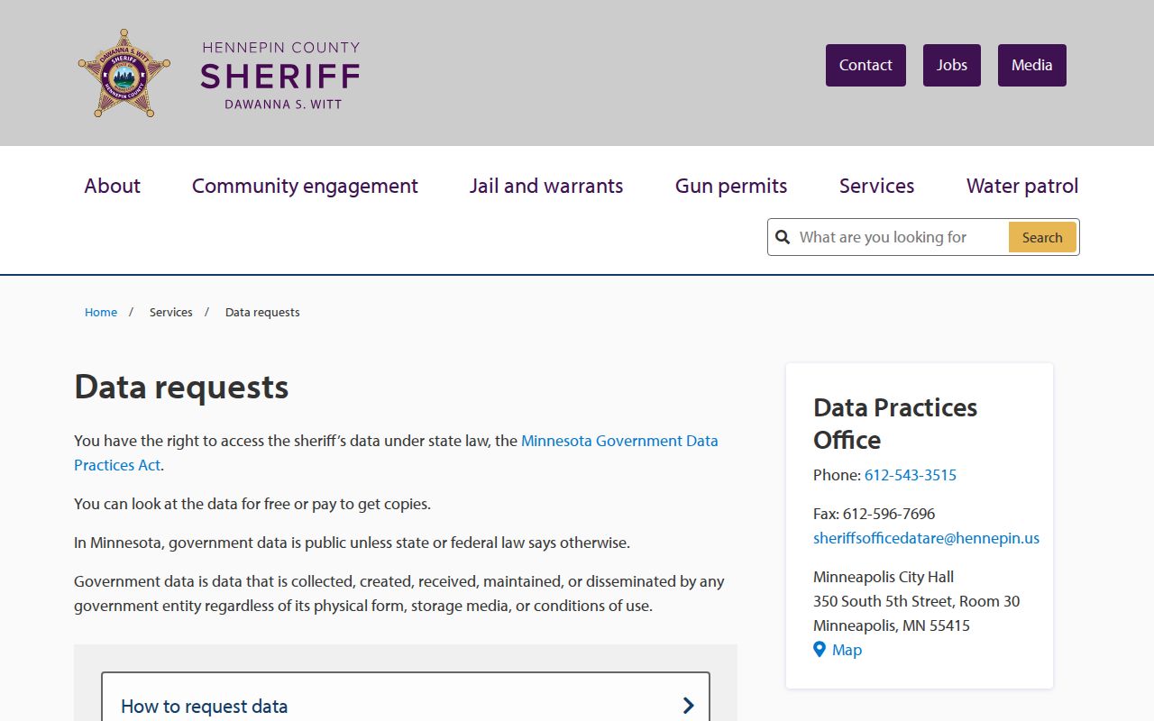 Hennepin County public data request page used for Hennepin County warrant records requests