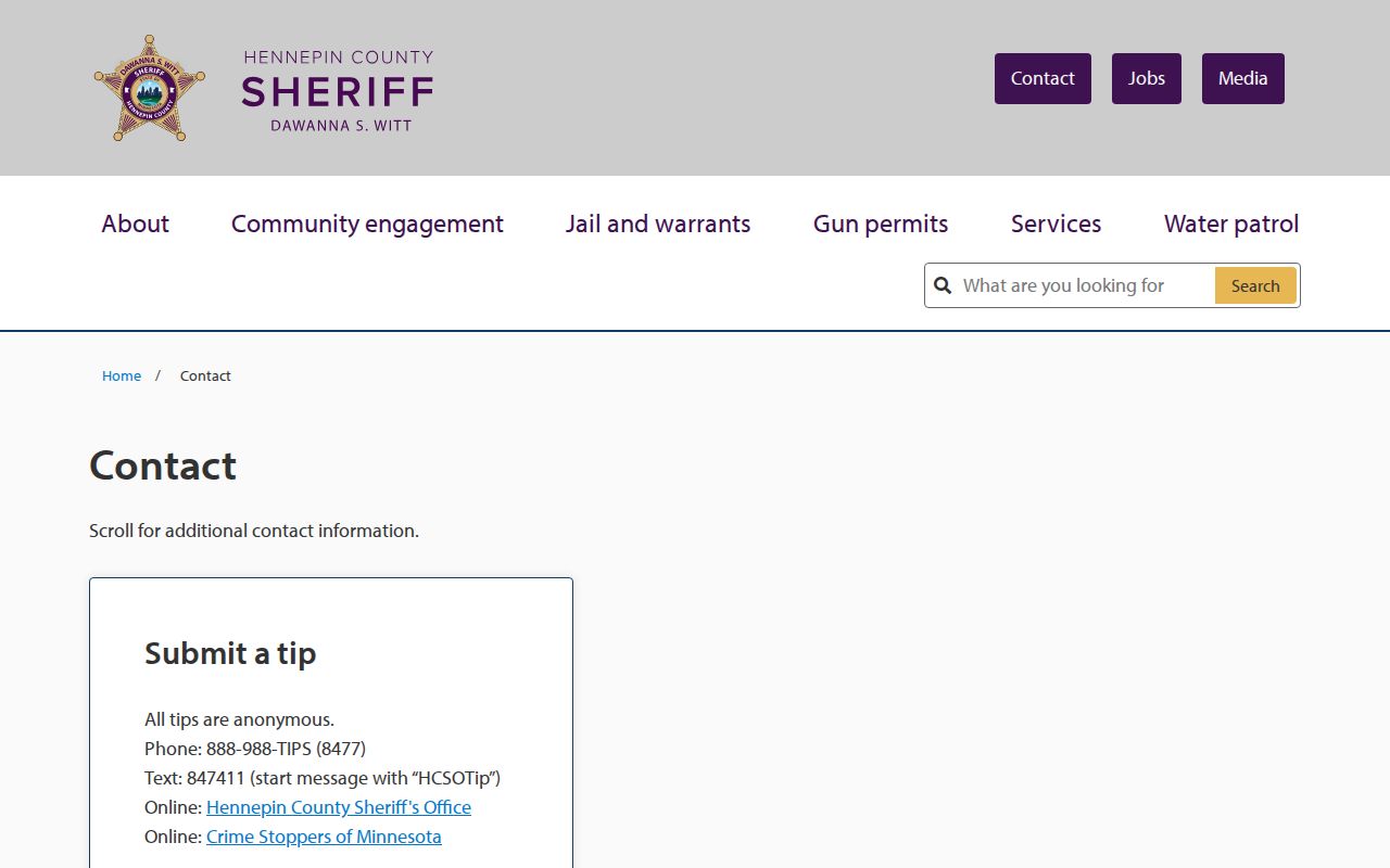 Hennepin County Sheriff warrant and jail contact blocks for Hennepin County warrant records
